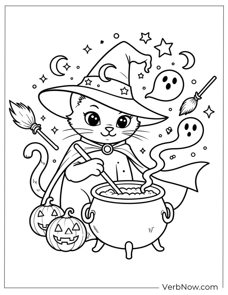 A cute witch cat stirring a potion in her cauldron