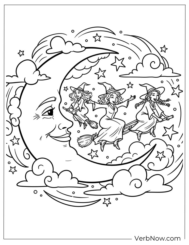 The Sanderson Sisters flying past a smiling moon and stars