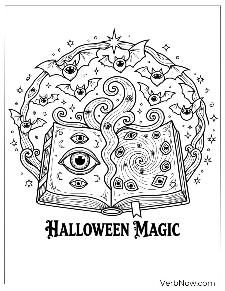 A spellbook glowing with bats and stars