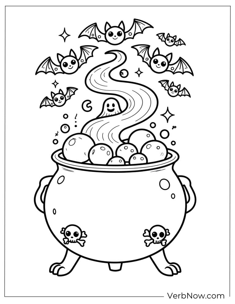 A cauldron bubbling with potions and flying bats above