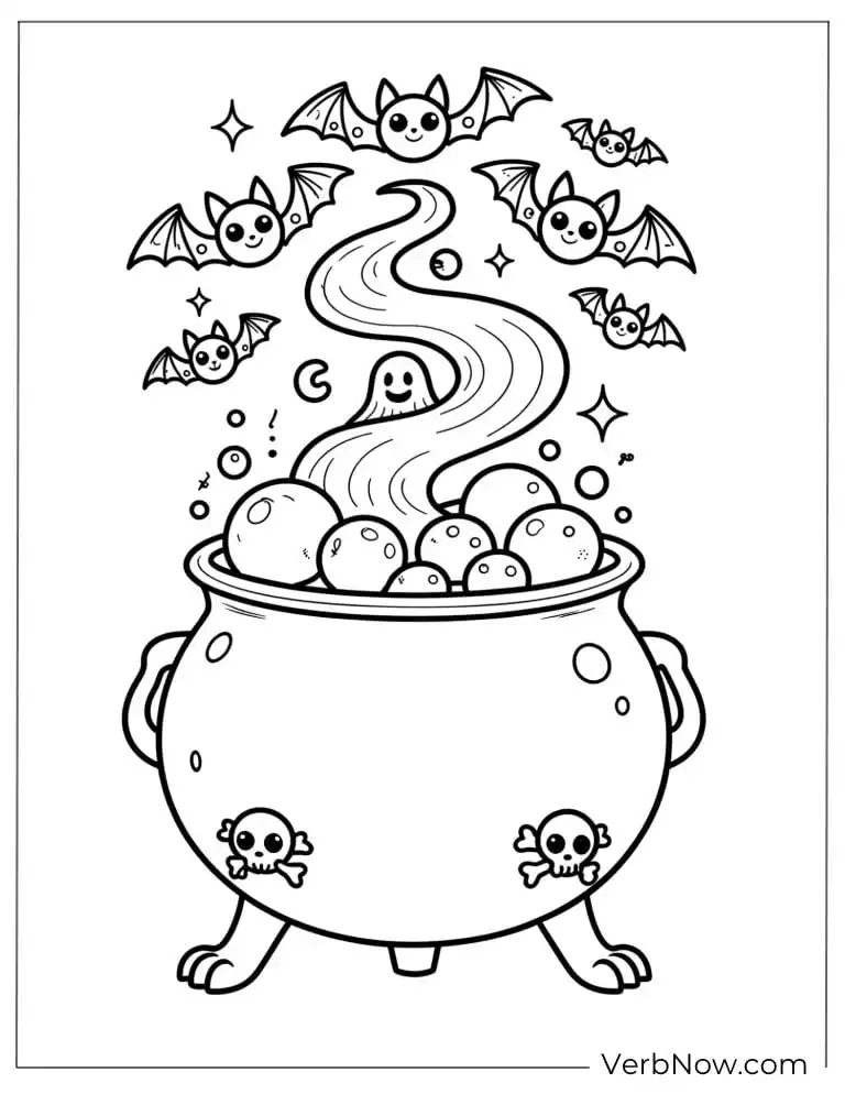22 Free Hocus Pocus Coloring Pages for Kids (Printable PDF) A cauldron bubbling with potions and flying bats above