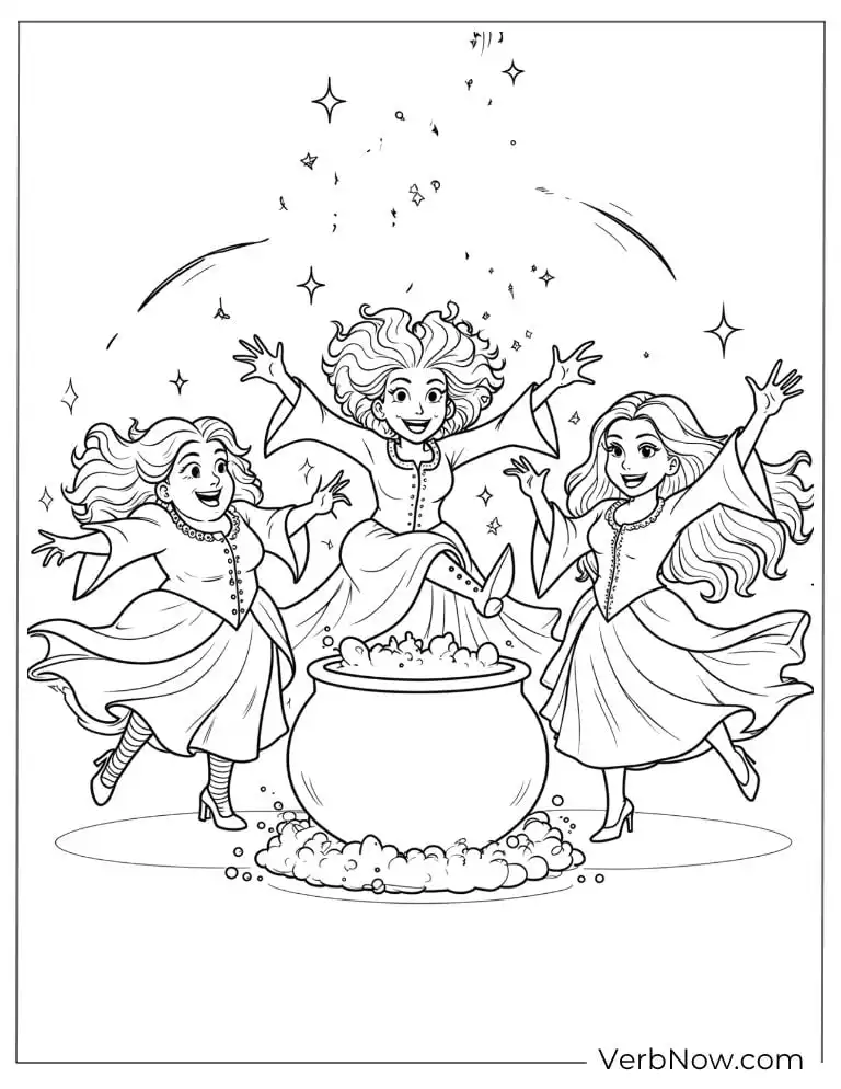 22 Free Hocus Pocus Coloring Pages for Kids (Printable PDF) The Sanderson Sisters cheerfully casting a spell over a bubbling cauldron