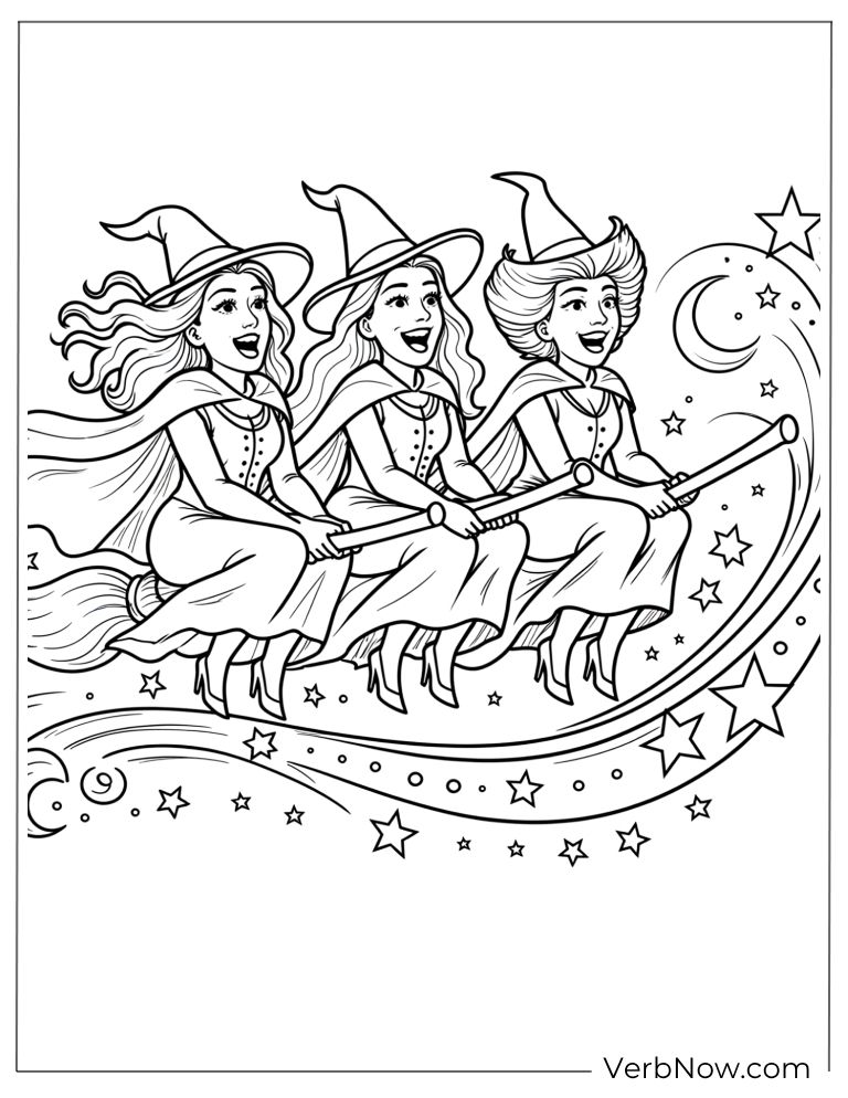 Three witches flying together through the starry night sky