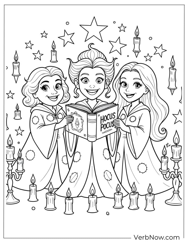 The witches reading a glowing spellbook surrounded by candles