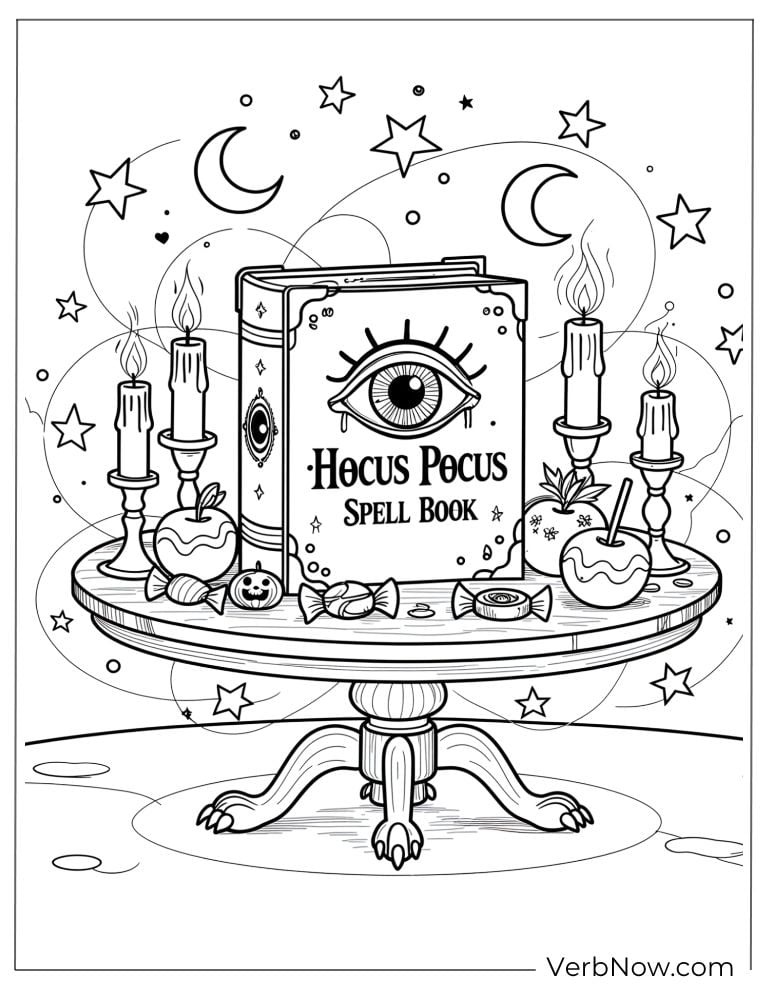 The magical “Hocus Pocus Spell Book” on a candle-lit table