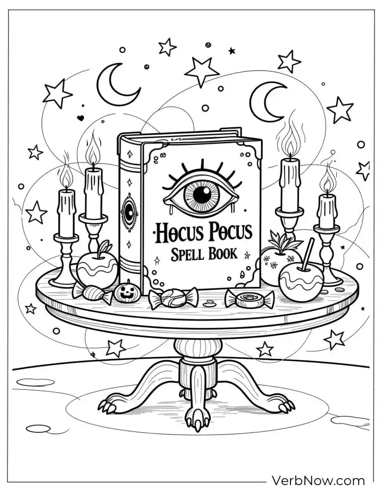 22 Free Hocus Pocus Coloring Pages for Kids (Printable PDF) The magical “Hocus Pocus Spell Book” on a candle-lit table