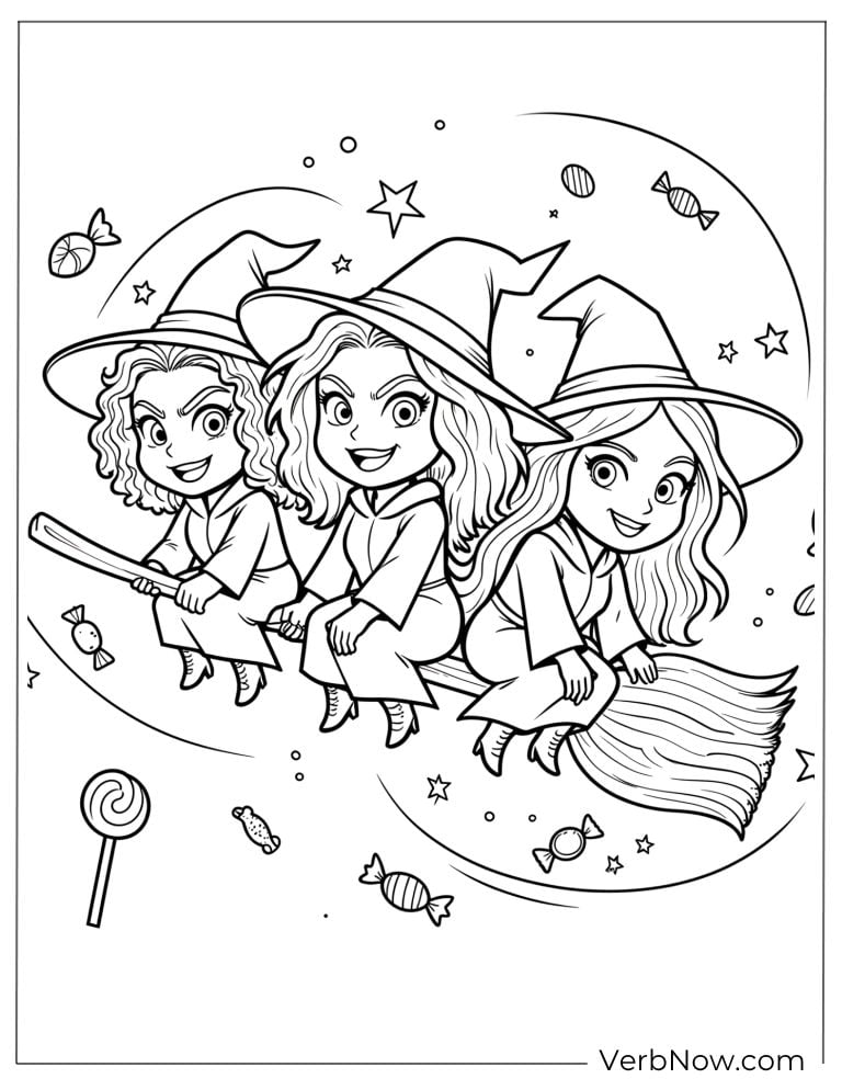 Three witches fly on broomsticks surrounded by stars and candy