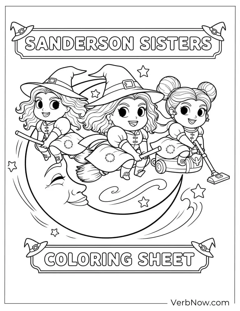 22 Free Hocus Pocus Coloring Pages for Kids (Printable PDF) Cute Sanderson Sisters flying on brooms