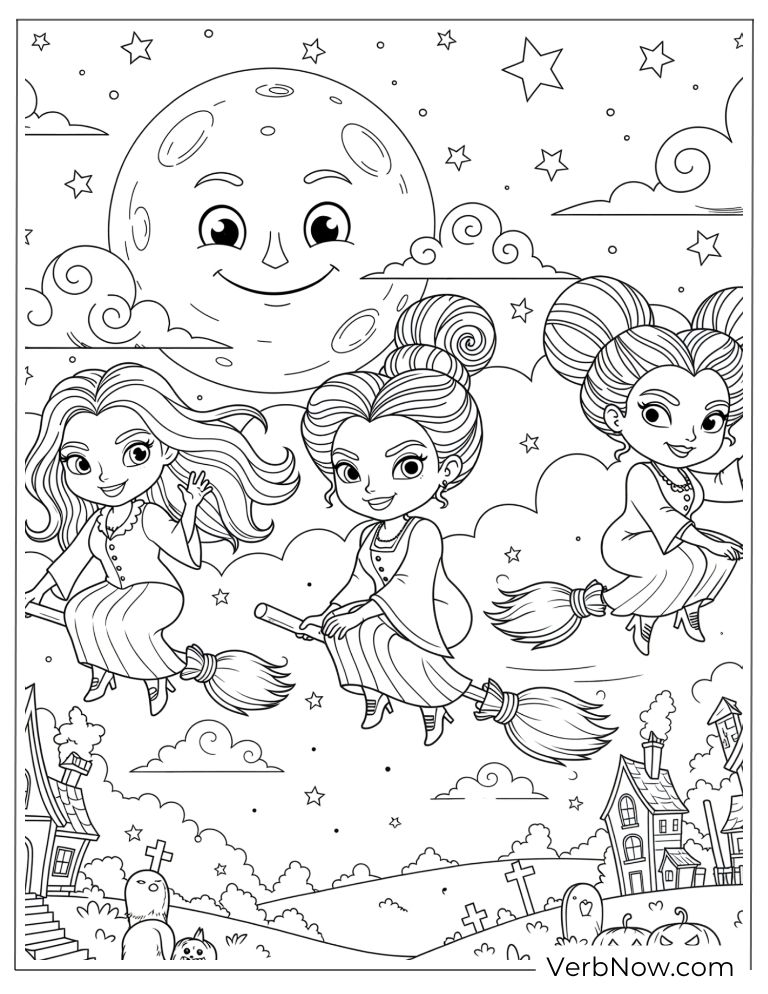 The witches soaring past a smiling moon over Salem town