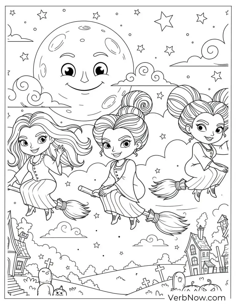 22 Free Hocus Pocus Coloring Pages for Kids (Printable PDF) The witches soaring past a smiling moon over Salem town