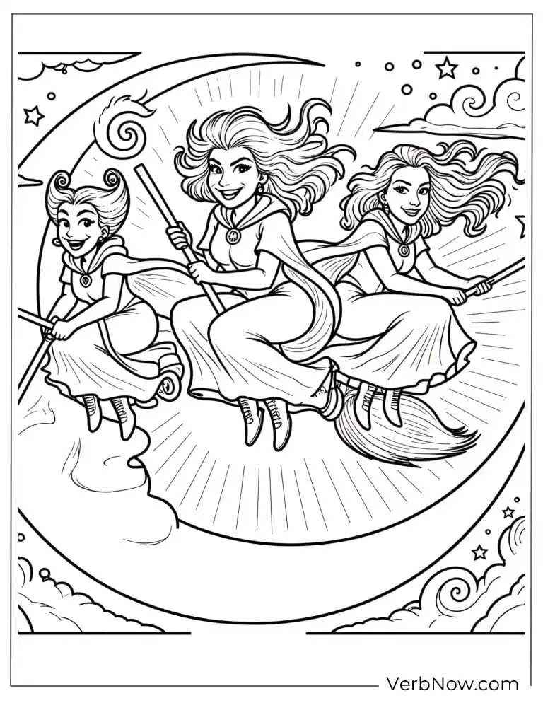 22 Free Hocus Pocus Coloring Pages for Kids (Printable PDF) The Sanderson Sisters flying in front of a large crescent moon