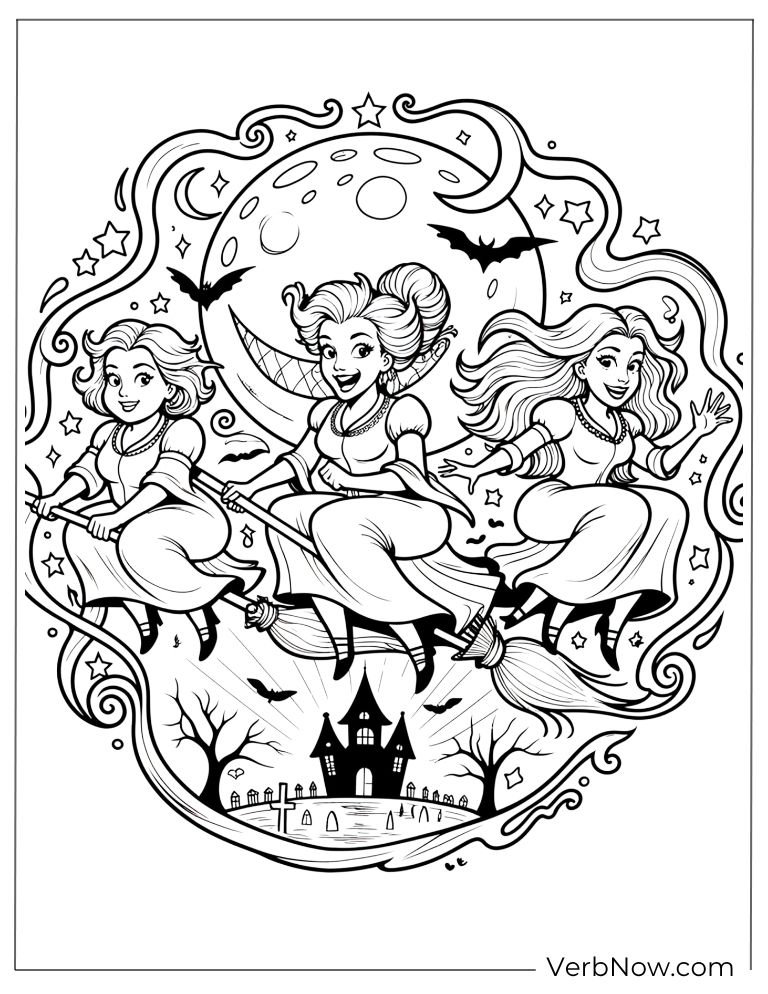 The Sanderson Sisters soaring through the night sky in a magical frame
