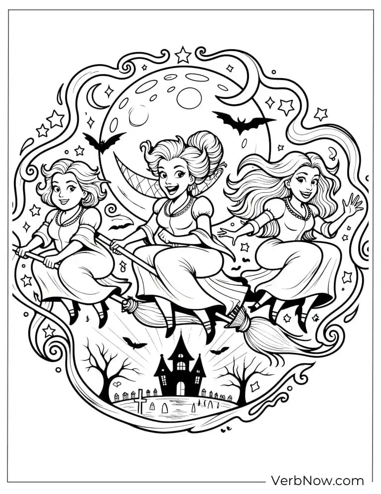 22 Free Hocus Pocus Coloring Pages for Kids (Printable PDF) The Sanderson Sisters soaring through the night sky in a magical frame