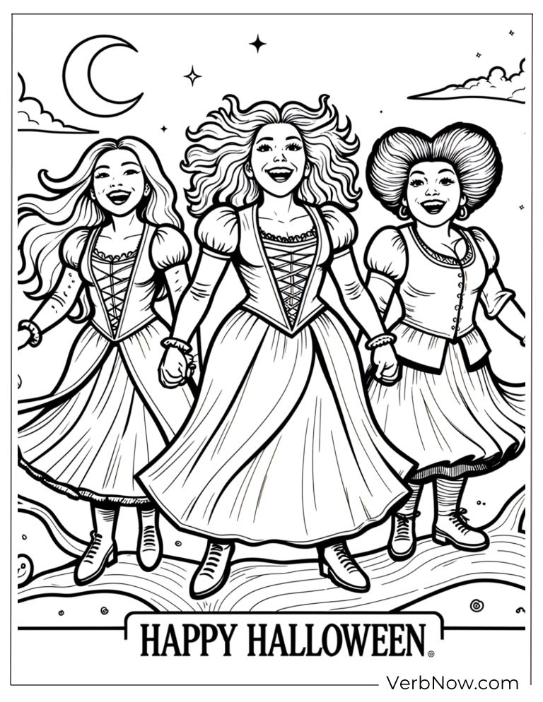 The Sanderson Sisters walking together under the moon