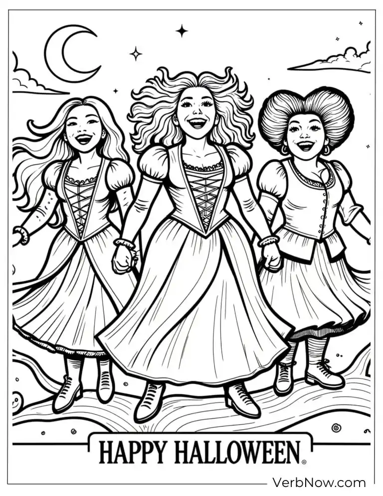 22 Free Hocus Pocus Coloring Pages for Kids (Printable PDF) The Sanderson Sisters walking together under the moon
