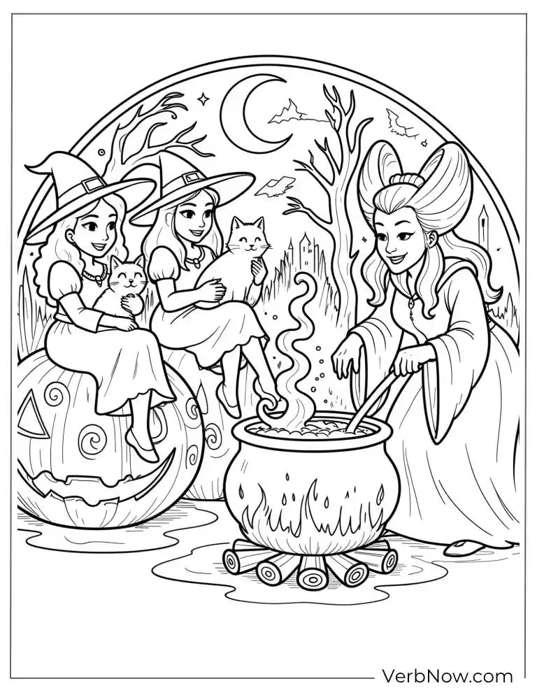 22 Free Hocus Pocus Coloring Pages for Kids (Printable PDF) Witches brewing potions in a bubbling cauldron under the moonlight