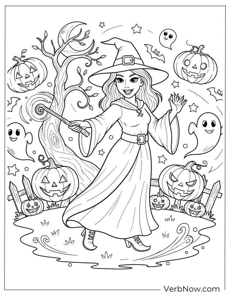 A cheerful witch casting magic surrounded by pumpkins and ghosts