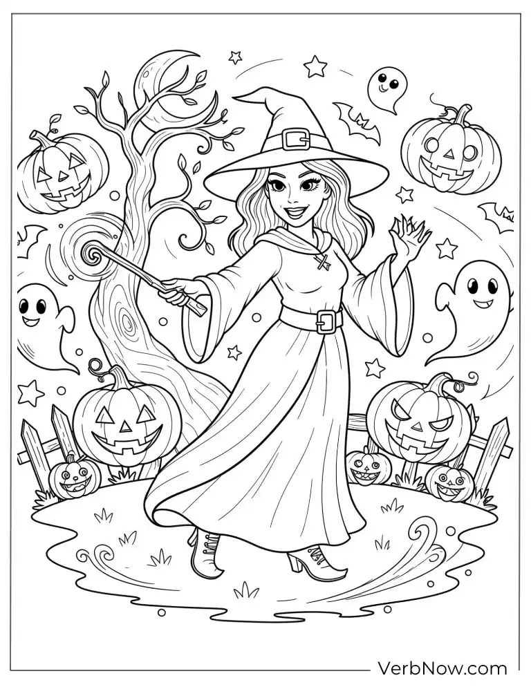 22 Free Hocus Pocus Coloring Pages for Kids (Printable PDF) A cheerful witch casting magic surrounded by pumpkins and ghosts
