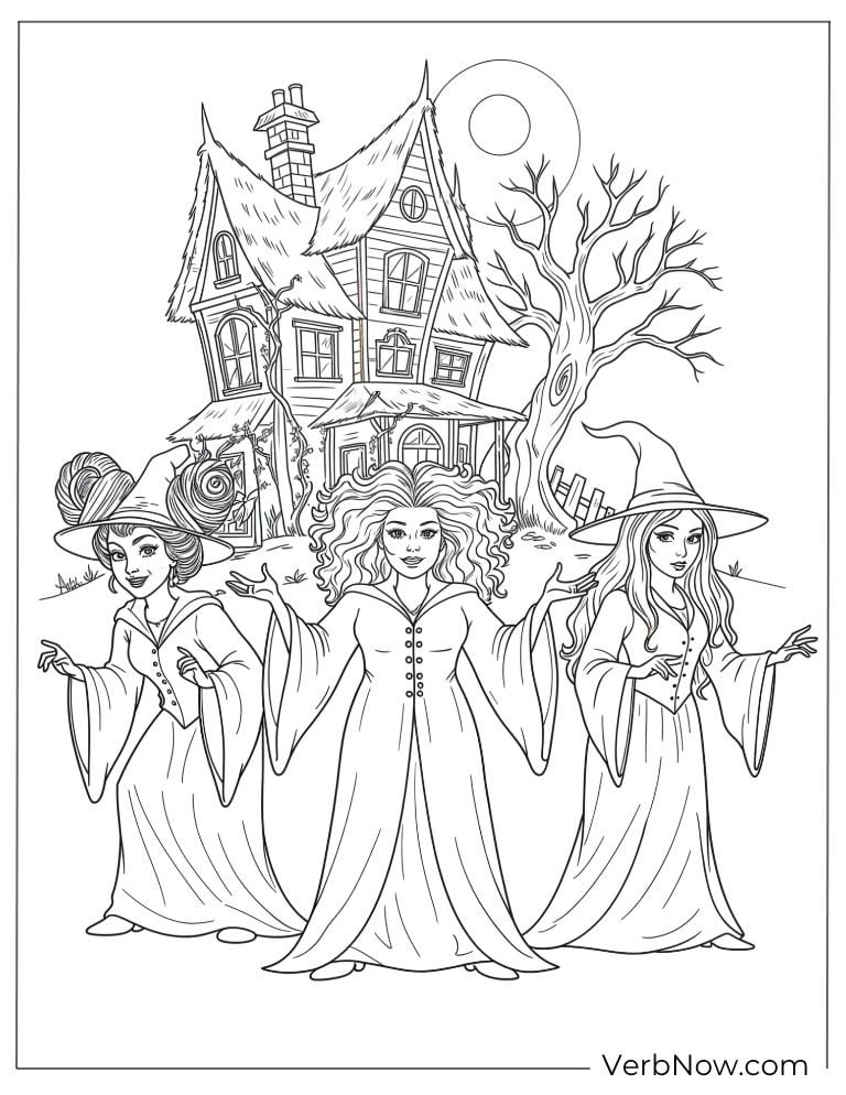 Witches gather near their haunted house beneath a glowing moon