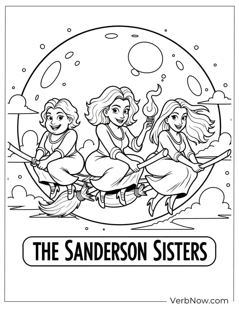 22 Free Hocus Pocus Coloring Pages for Kids (Printable PDF) The Sanderson Sisters flying across the night sky