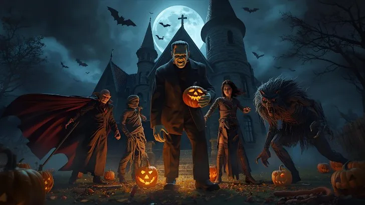 Horror Monsters Halloween Gathering Under Full Moon