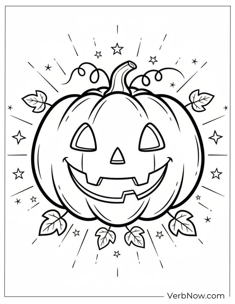 Smiling Jack-o’-lantern surrounded by shining stars and leaves
