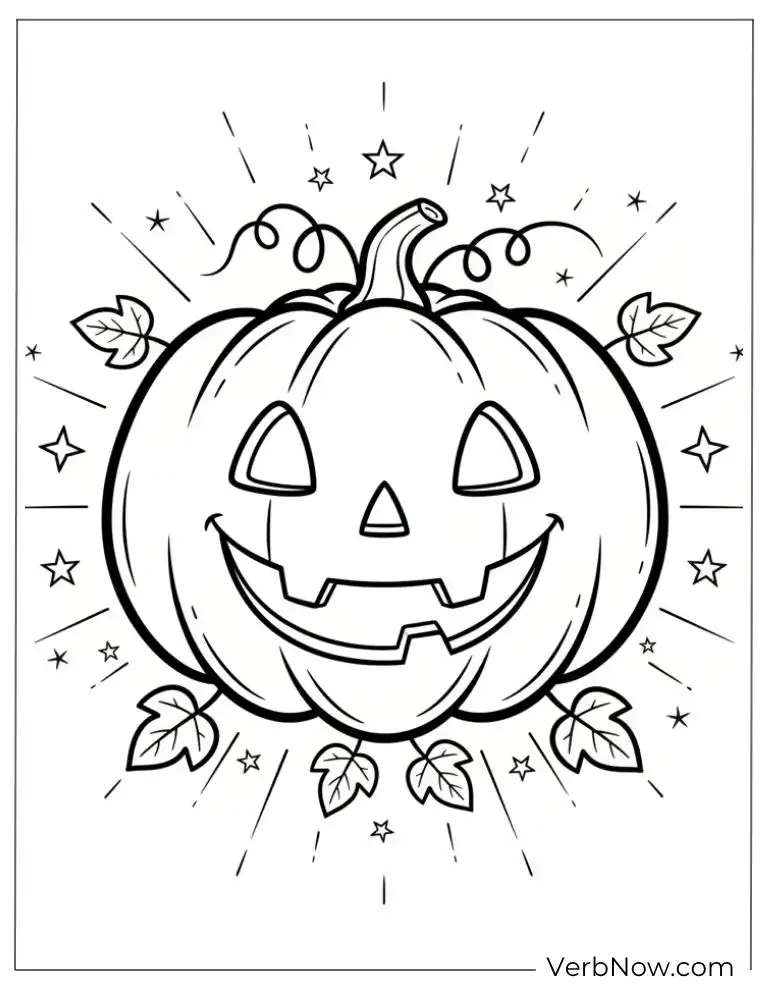 22 Fun Jack-o'-Lantern Coloring Pages (Printable PDF) Smiling Jack-o’-lantern surrounded by shining stars and leaves