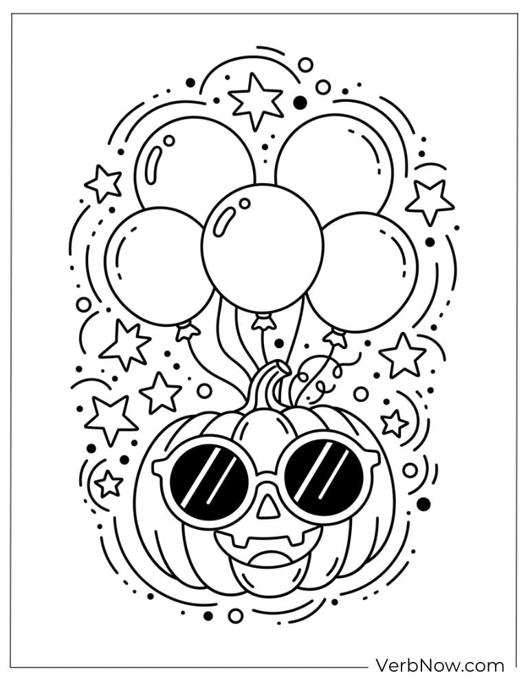 Cool Jack-o’-lantern wearing sunglasses with floating balloons