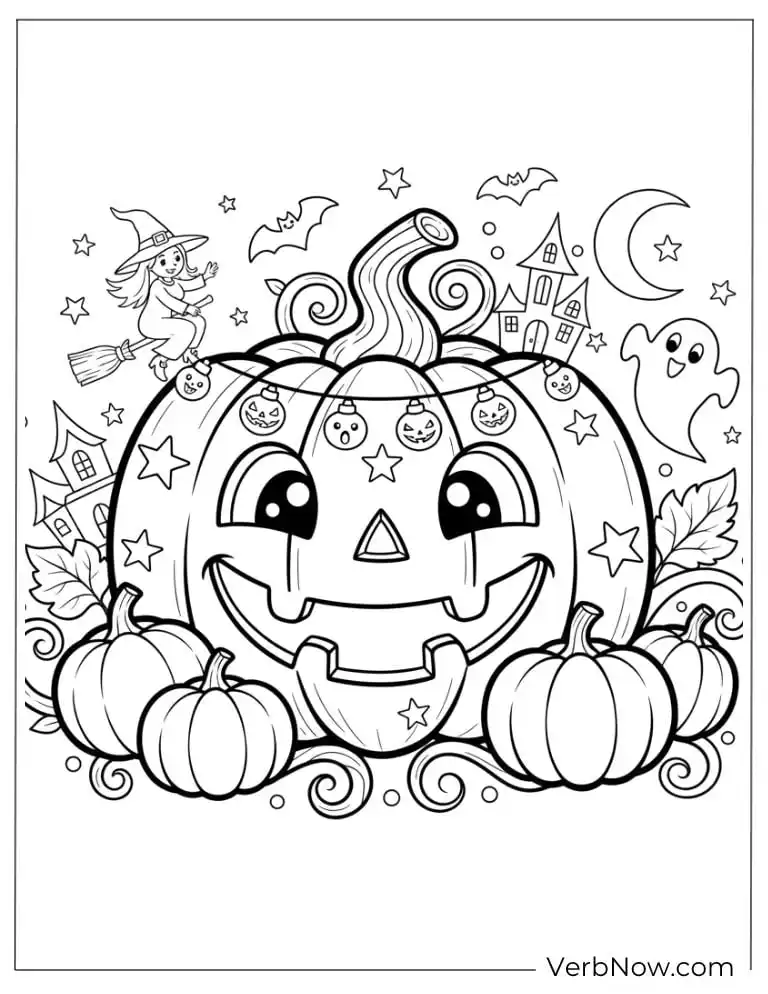 22 Fun Jack-o'-Lantern Coloring Pages (Printable PDF) Big smiling pumpkin decorated with stars and tiny pumpkins
