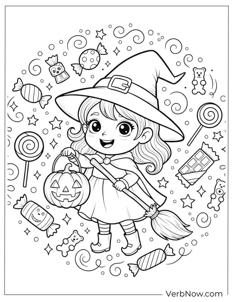 Cute witch girl holding a pumpkin lantern and broom