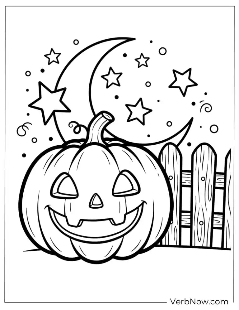 22 Fun Jack-o'-Lantern Coloring Pages (Printable PDF) Classic Jack-o’-lantern under the moon and stars near a fence