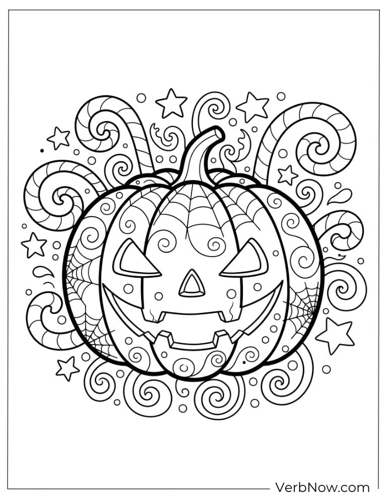 Spooky Jack-o’-lantern with web patterns and curly designs