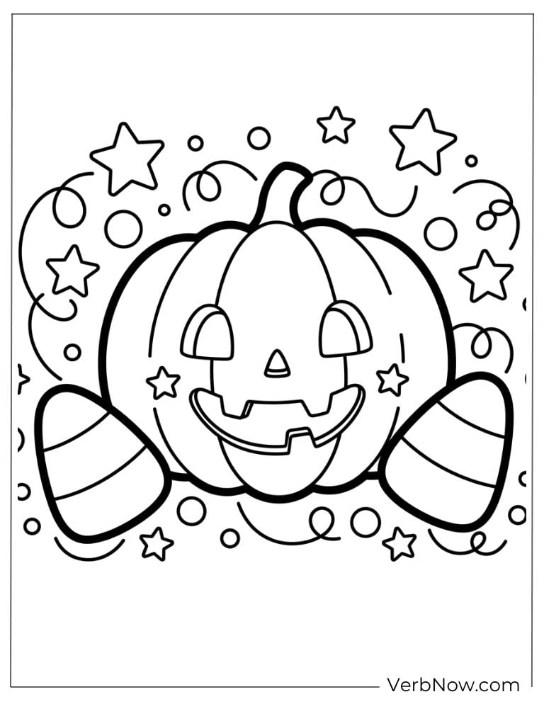 Smiling pumpkin surrounded by candy and shining stars