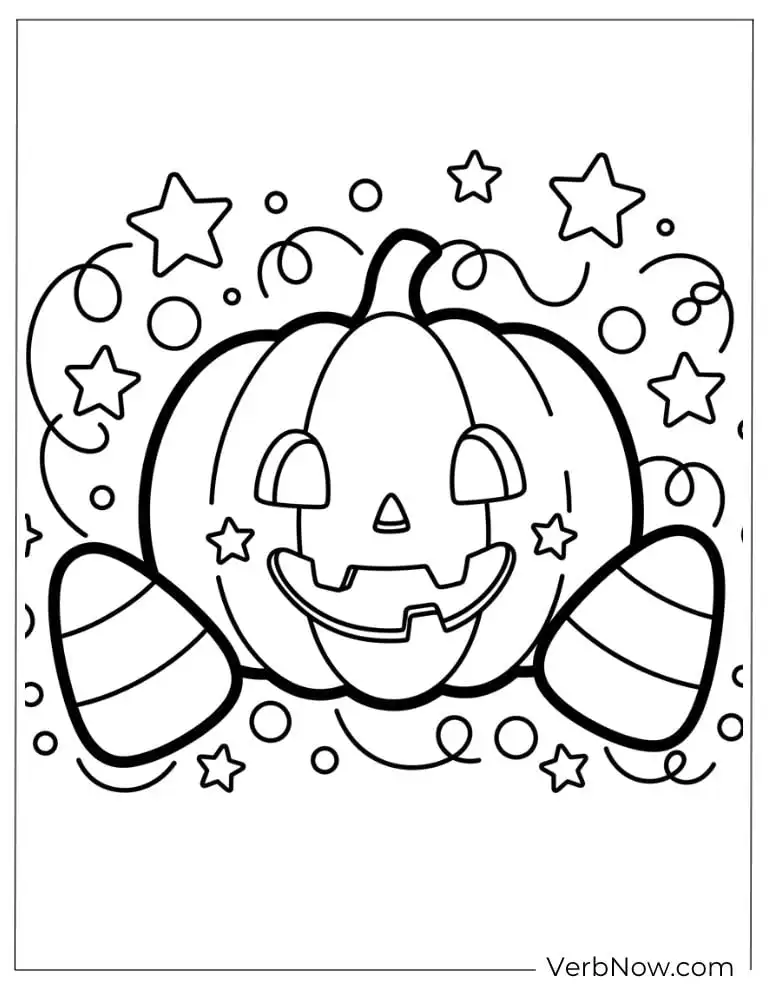 22 Fun Jack-o'-Lantern Coloring Pages (Printable PDF) Smiling pumpkin surrounded by candy and shining stars