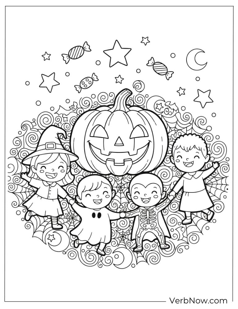 Kids celebrating Halloween around a big Jack-o’-lantern