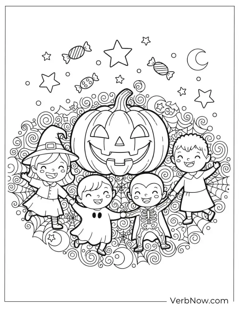 22 Fun Jack-o'-Lantern Coloring Pages (Printable PDF) Kids celebrating Halloween around a big Jack-o’-lantern
