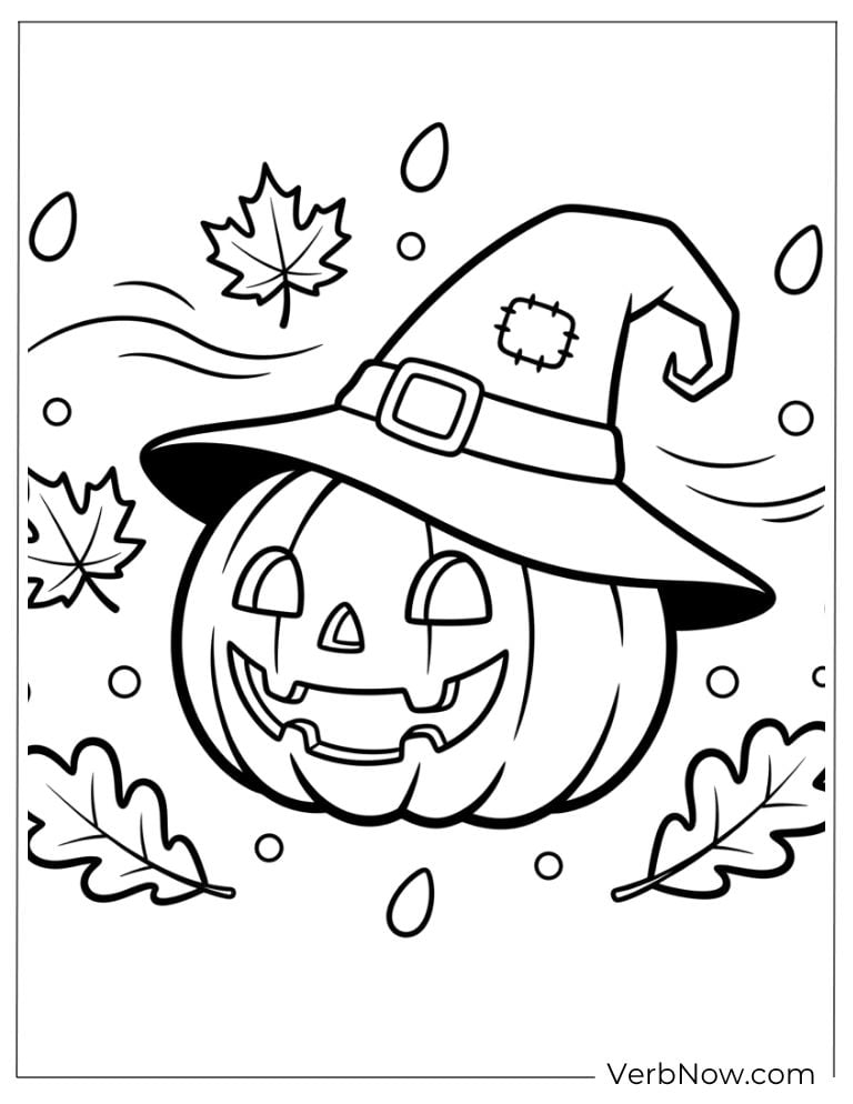 Pumpkin with a witch hat and falling autumn leaves