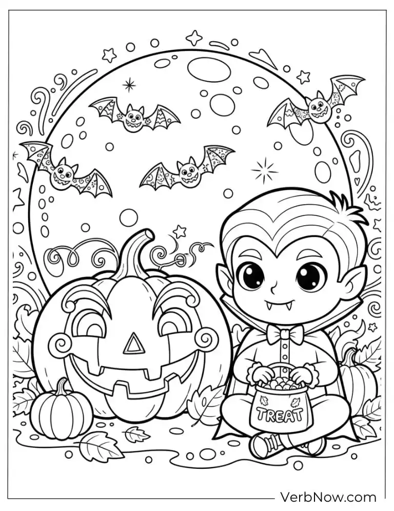 22 Fun Jack-o'-Lantern Coloring Pages (Printable PDF) Cute vampire boy holding candy beside glowing pumpkins