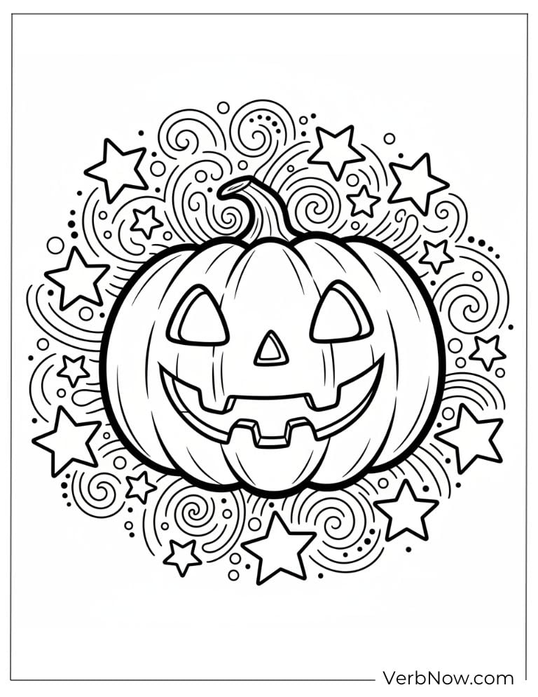 Happy pumpkin face with swirly stars and festive patterns