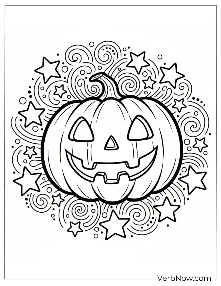 22 Fun Jack-o'-Lantern Coloring Pages (Printable PDF) Happy pumpkin face with swirly stars and festive patterns