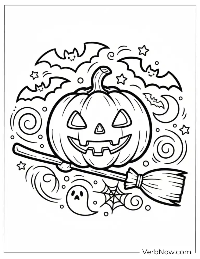 22 Fun Jack-o'-Lantern Coloring Pages (Printable PDF) Flying Jack-o’-lantern with bats, broom, and spooky swirls