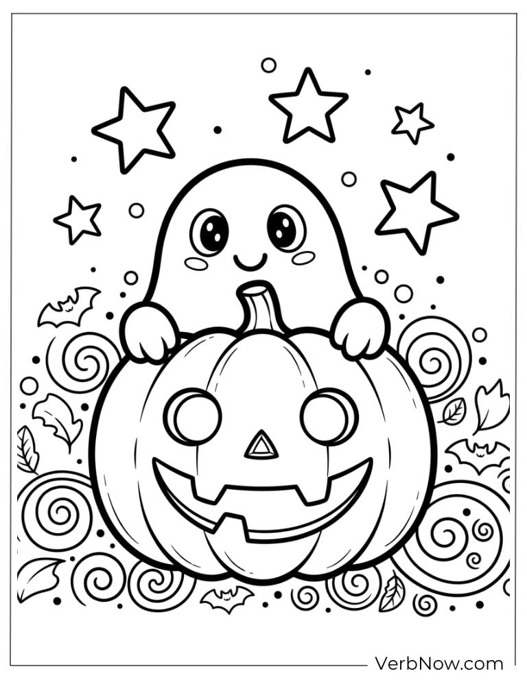 Adorable ghost peeking over a happy pumpkin