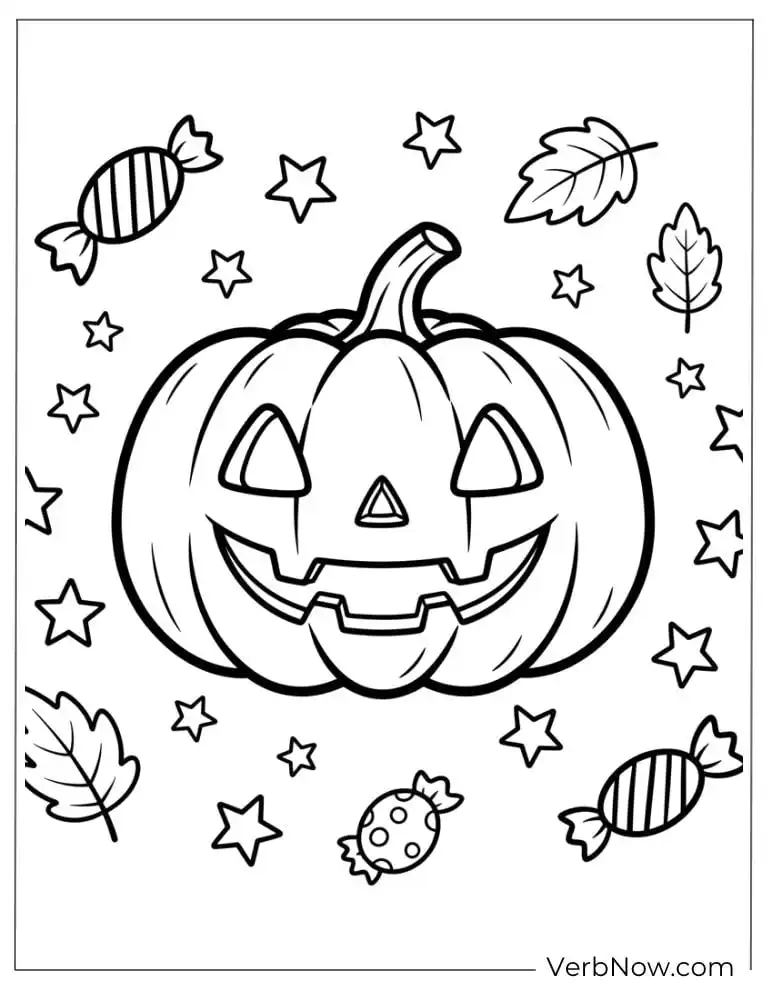 22 Fun Jack-o'-Lantern Coloring Pages (Printable PDF) Classic Jack-o’-lantern with candies, cookies, and autumn leaves