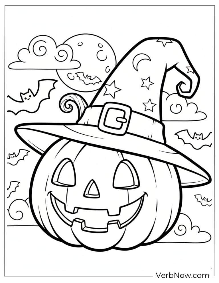 Jack-o’-lantern wearing a witch hat under a cloudy night sky