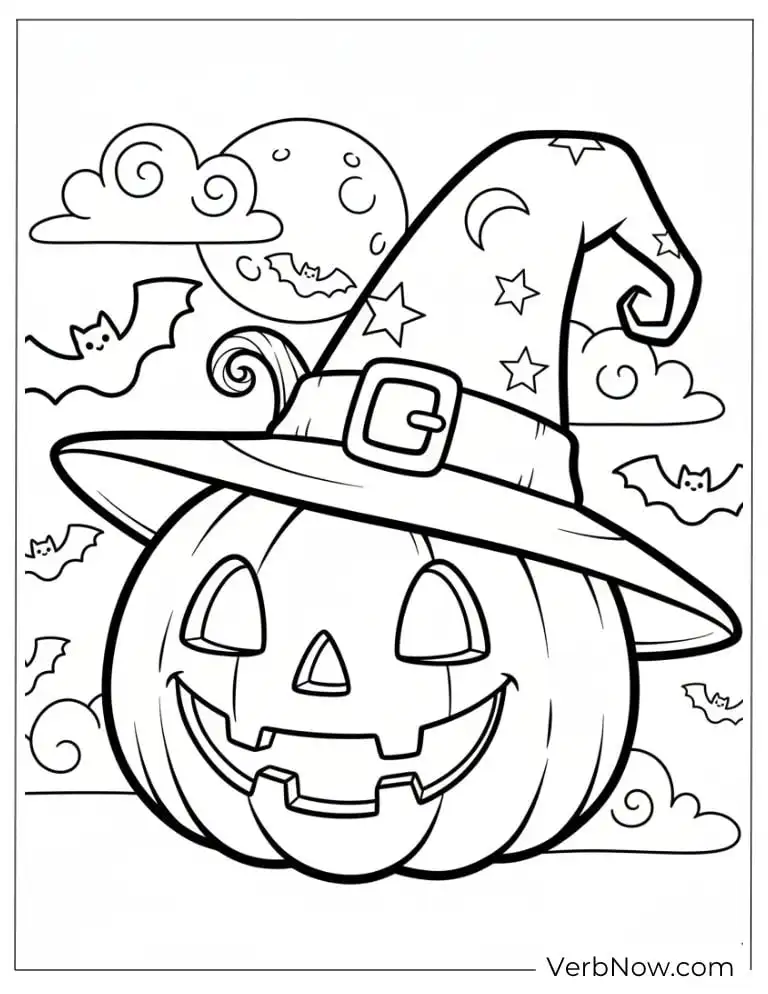 22 Fun Jack-o'-Lantern Coloring Pages (Printable PDF) Jack-o’-lantern wearing a witch hat under a cloudy night sky