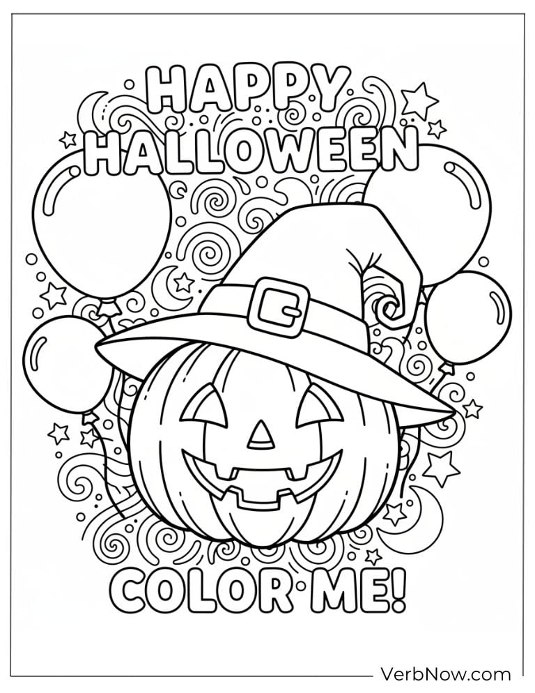 Halloween pumpkin with balloons and “Happy Halloween” text