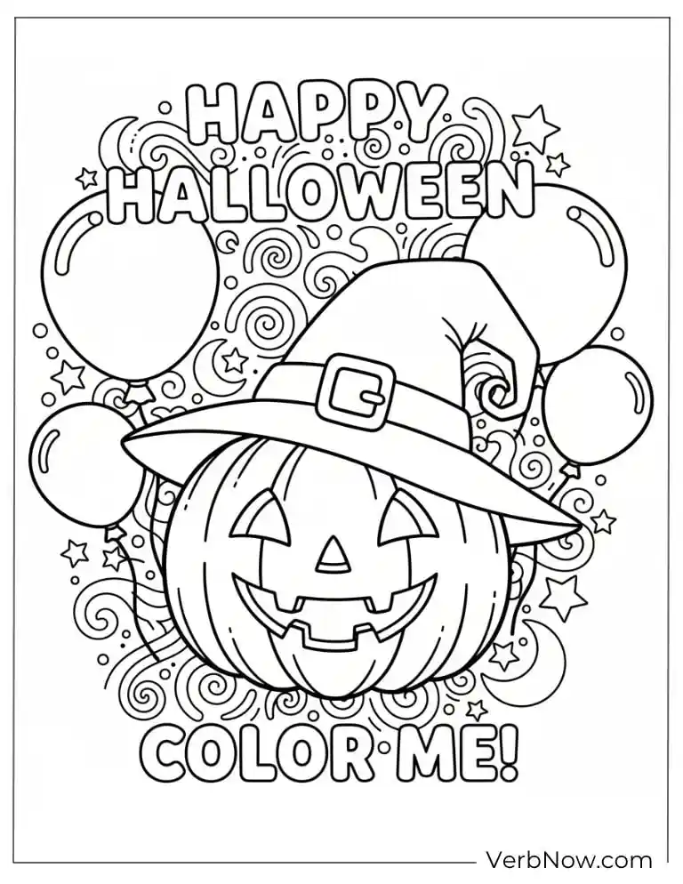 22 Fun Jack-o'-Lantern Coloring Pages (Printable PDF) Halloween pumpkin with balloons and “Happy Halloween” text