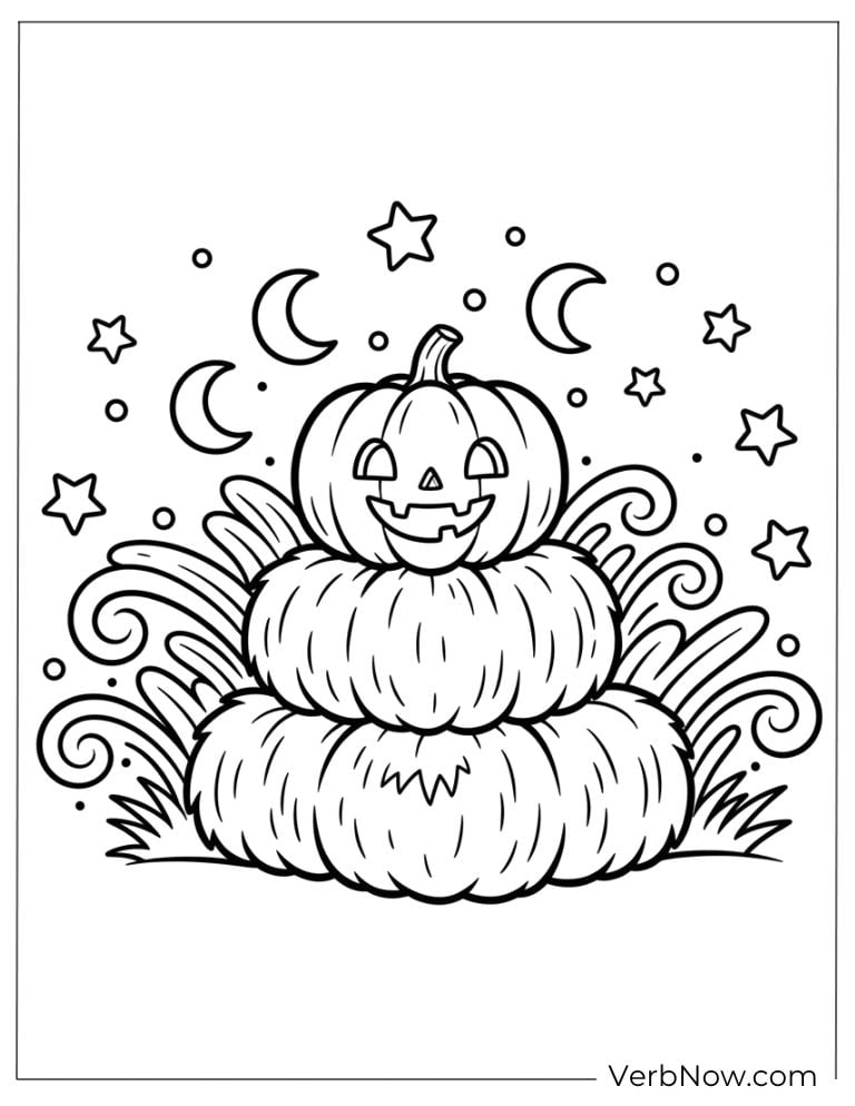 Cute stacked pumpkins with stars, moons, and curly vines