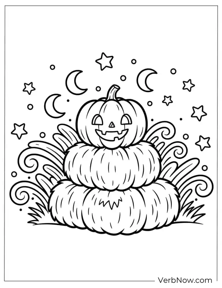 22 Fun Jack-o'-Lantern Coloring Pages (Printable PDF) Cute stacked pumpkins with stars, moons, and curly vines