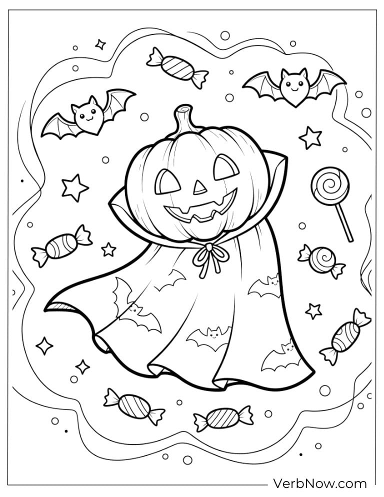 Vampire-style Jack-o’-lantern surrounded by candy and bats